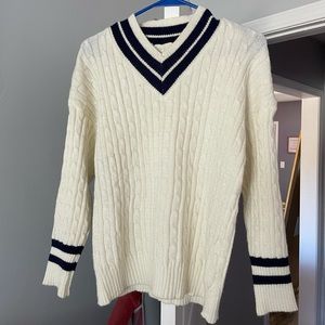 Cream & Navy Super Soft Cable Knit V Neck Sweater